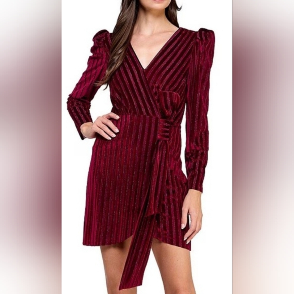 Layered With Love‎ Champagne Wishes Velvet Stripe Mini Dress:Burgundy: Size- XL